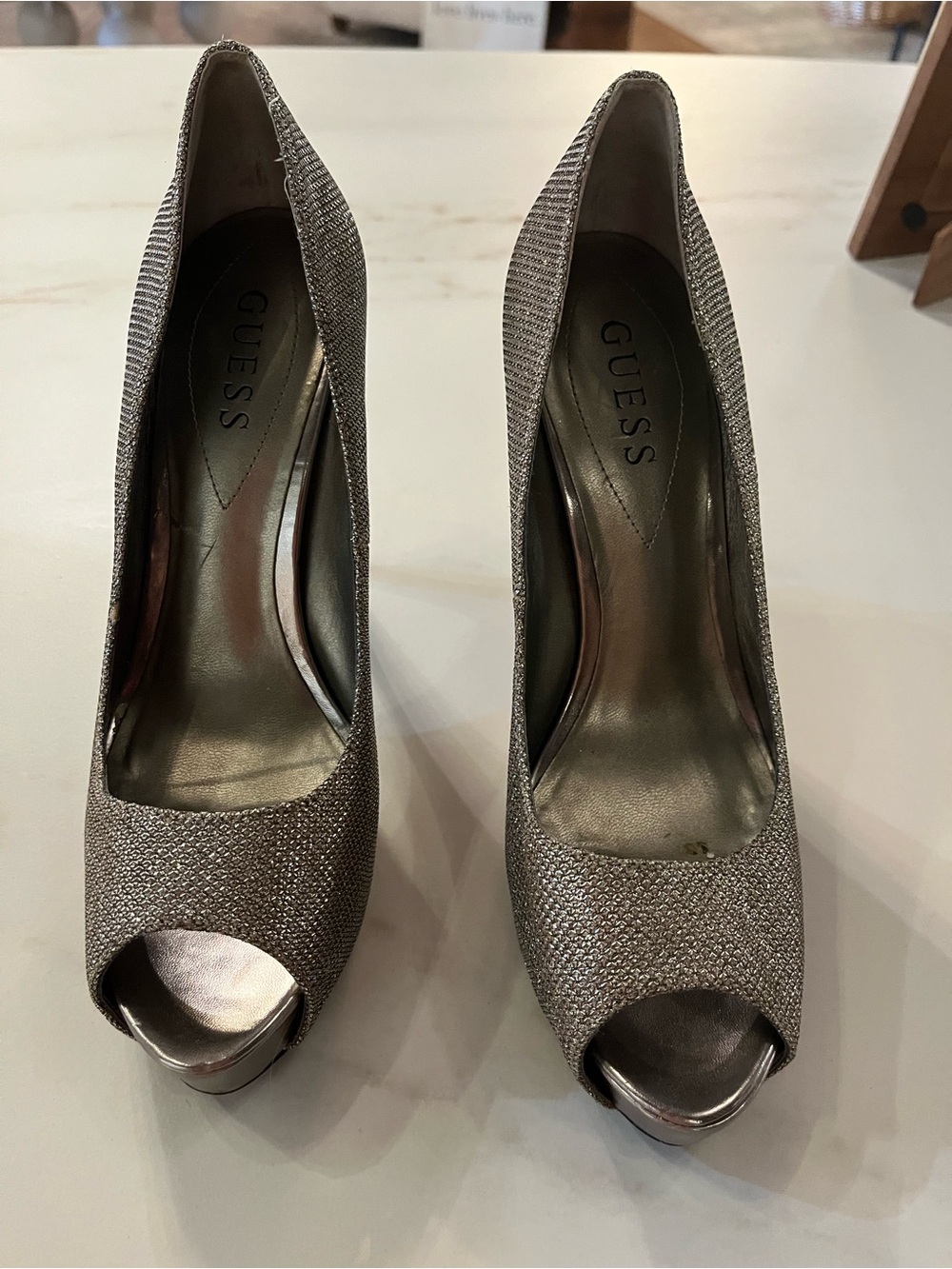 GUESS Metallic Taupe Glitter Peep-Toe Heels